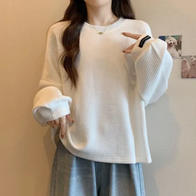 大碼女裝秋冬新款加厚坑條寬鬆顯瘦休閒簡約保暖長袖上衣