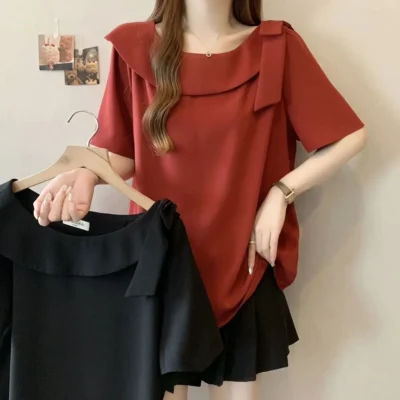 大碼女裝春夏新款純色寬鬆顯瘦可內搭外穿蝴蝶結圓領短袖上衣 - Image 3