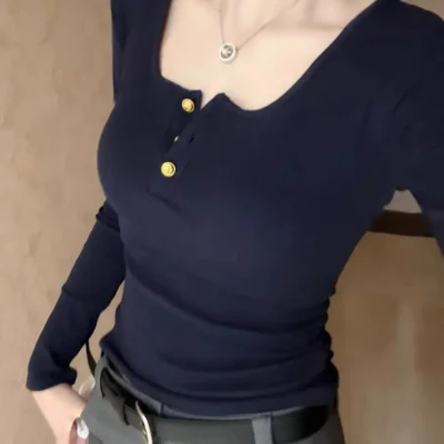 女裝春秋新款顯瘦休閒美式復古U領長袖上衣 - Image 4