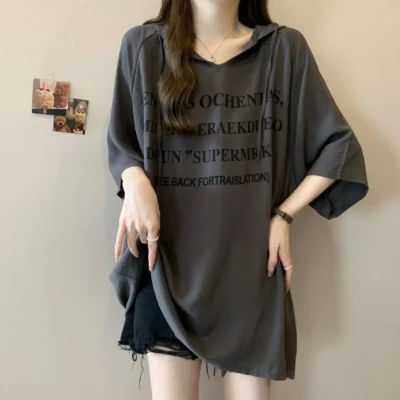 Alternative view of 春夏大碼女裝爆款寬鬆塑形顯瘦連帽字母印花短袖上衣