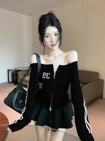 Alternative view of 女裝春秋新款美式顯瘦性感拉鏈開襟露肩長袖上衣