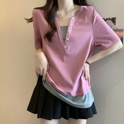 大碼女裝夏季新款寬鬆休閒百搭減齡假兩件中長款短袖上衣 - Image 3
