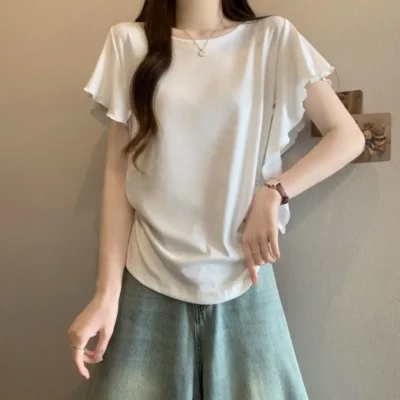 Alternative view of 大碼女裝夏季新款純色通勤風寬鬆顯瘦遮肉不規則荷葉邊短袖上衣