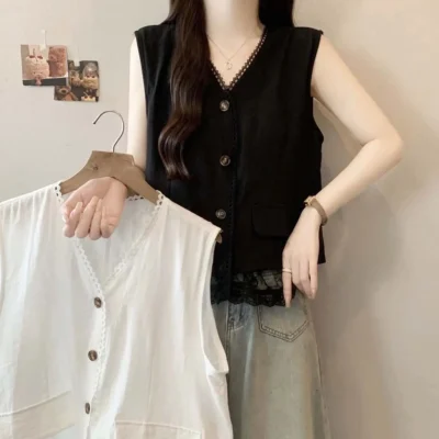 夏季大碼女裝新款純色寬鬆顯瘦減齡蕾絲排扣V領無袖上衣 - Image 3