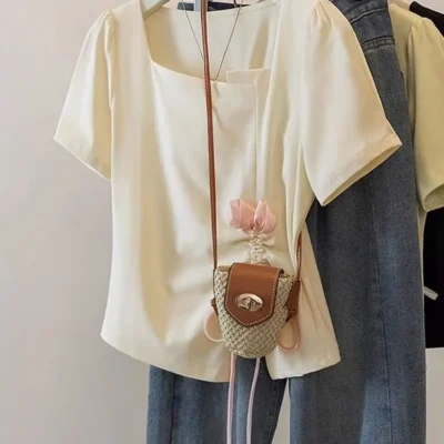 Alternative view of 夏季大碼女裝新款寬鬆顯瘦百搭不規則抽繩方領短袖上衣