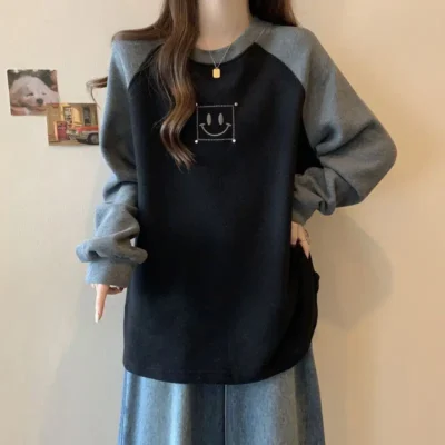 大碼女裝春秋新款絲絨加厚拼色可內搭外穿長袖上衣