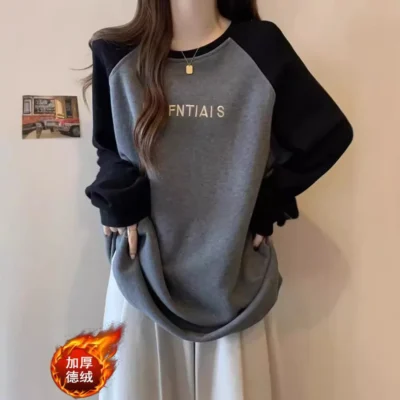 大碼女裝秋冬新款寬鬆顯瘦絲絨保暖印花可內搭外穿長袖上衣