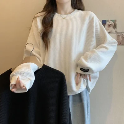 大碼女裝秋冬新款加厚坑條寬鬆顯瘦休閒簡約保暖長袖上衣 - Image 3