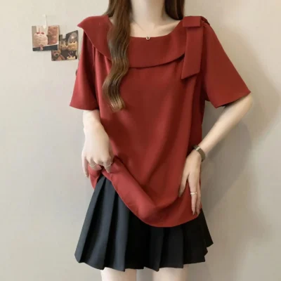 大碼女裝春夏新款純色寬鬆顯瘦可內搭外穿蝴蝶結圓領短袖上衣 - Image 6