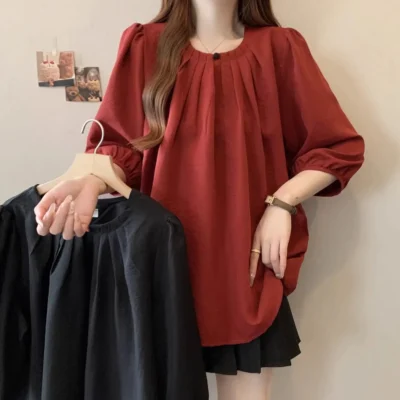 大碼女裝春夏新款純色寬鬆顯瘦時尚減齡七分袖上衣 - Image 3