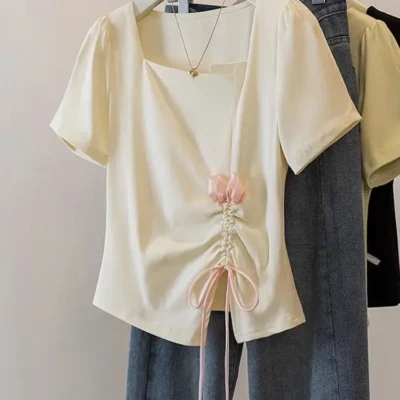 夏季大碼女裝新款寬鬆顯瘦百搭不規則抽繩方領短袖上衣 - Image 4