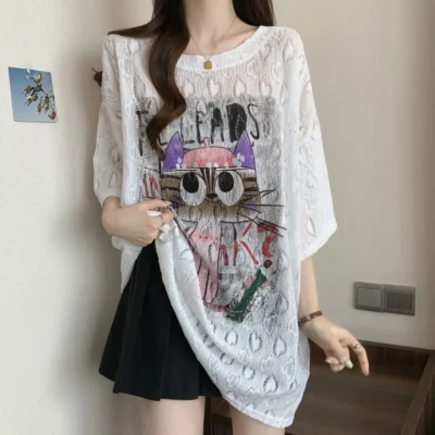 大碼女裝春夏新款寬鬆顯瘦蕾絲提花卡通印花短袖上衣 - Image 5