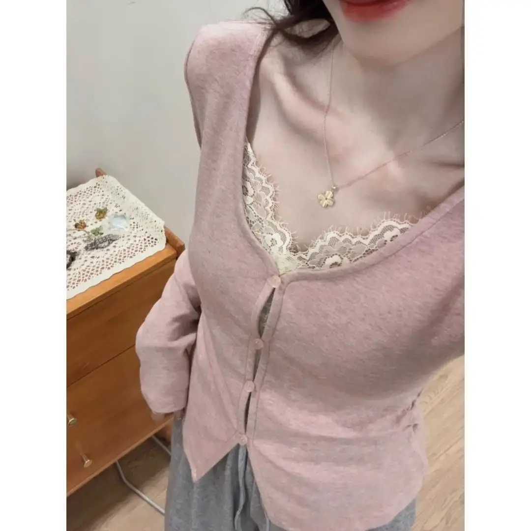 女裝春秋新款休閒合身顯瘦韓系百搭蕾絲拼接V領長袖上衣 - Image 2
