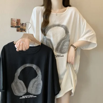 Alternative view of 大碼女裝春夏爆款寬鬆顯瘦皺褶冰絲重工燙鑽短袖上衣