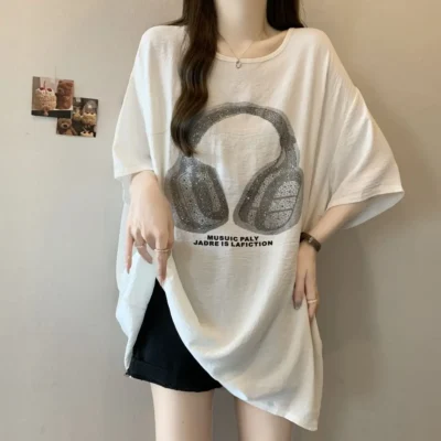 大碼女裝春夏爆款寬鬆顯瘦皺褶冰絲重工燙鑽短袖上衣 - Image 3