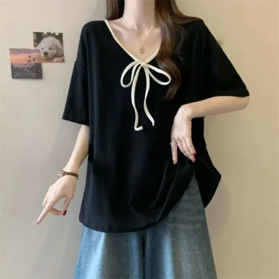 夏季大碼女裝新款純色甜美寬鬆百搭顯瘦V領拼接吊帶短袖上衣 - Image 3