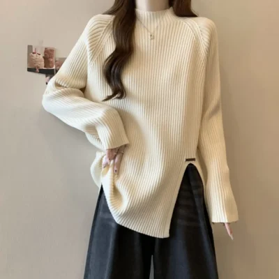 Alternative view of 大碼女裝秋冬新款休閒顯瘦加厚坑條半高領開叉長袖上衣