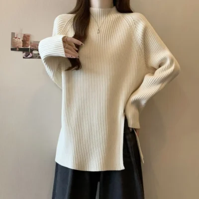 大碼女裝秋冬新款休閒顯瘦加厚坑條半高領開叉長袖上衣 - Image 4