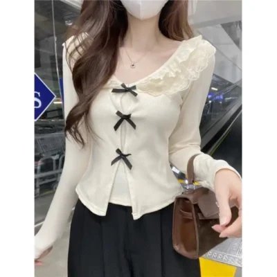 Alternative view of 女裝春秋新款合身顯瘦法式甜美蝴蝶結蕾絲拼接長袖上衣