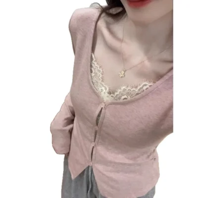 女裝春秋新款休閒合身顯瘦韓系百搭蕾絲拼接V領長袖上衣 - Image 5