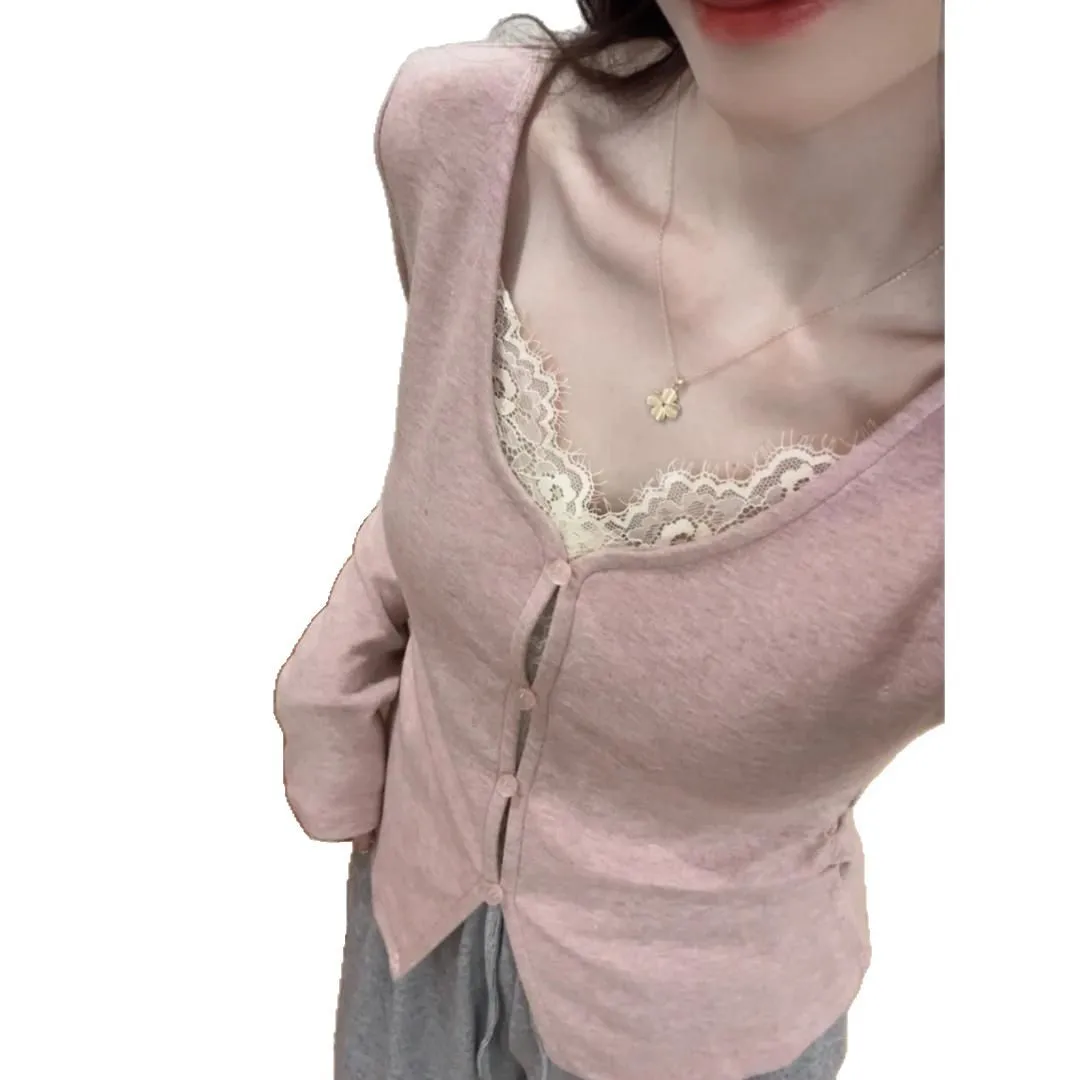 女裝春秋新款休閒合身顯瘦韓系百搭蕾絲拼接V領長袖上衣 - Image 5