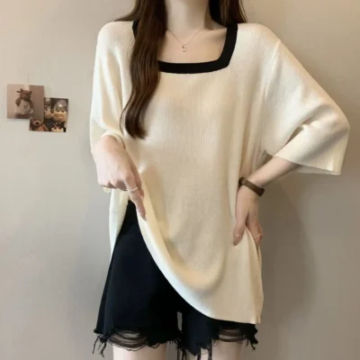 大碼女裝春夏新款拼色寬鬆休閒百搭方領中長款短袖上衣 - Image 6