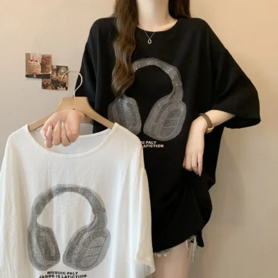 大碼女裝春夏爆款寬鬆顯瘦皺褶冰絲重工燙鑽短袖上衣 - Image 5
