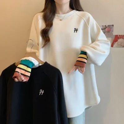 大碼女裝秋冬新款絲絨加厚保暖拼色寬鬆顯瘦長袖上衣 - Image 3