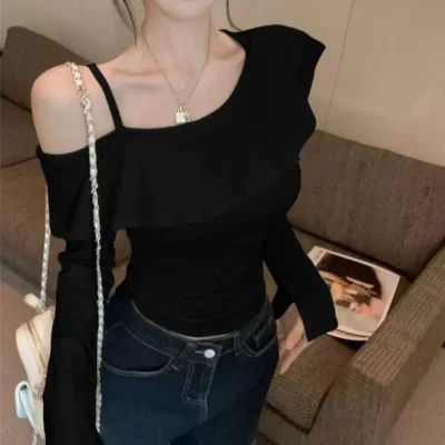 春秋女裝新款純色休閒百搭收腰合身荷葉邊露肩長袖上衣 - Image 4