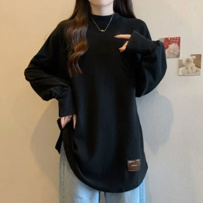大碼女裝秋冬新款純色寬鬆顯瘦加厚搖粒絨半高領長袖上衣 - Image 3