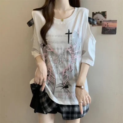 大碼女裝春夏新款百搭寬鬆塑形顯瘦蝴蝶印花蕾絲短袖上衣 - Image 6