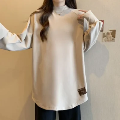 大碼女裝秋冬新款純色寬鬆顯瘦加厚搖粒絨半高領長袖上衣 - Image 5