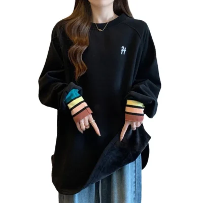 大碼女裝秋冬新款絲絨加厚保暖拼色寬鬆顯瘦長袖上衣 - Image 5