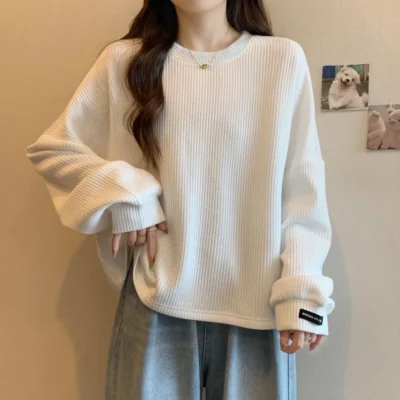 大碼女裝秋冬新款加厚坑條寬鬆顯瘦休閒簡約保暖長袖上衣 - Image 4