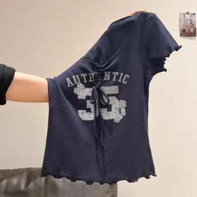 Alternative view of 夏季女裝新款合身美式木耳邊設計蝴蝶結V領字母印花短袖上衣