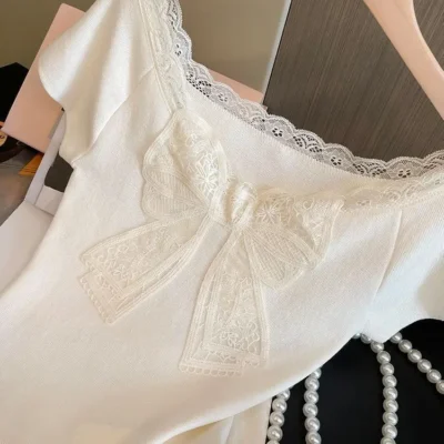 夏季女裝新款純色少女風合身顯瘦立體蝴蝶結方領蕾絲短袖上衣 - Image 4
