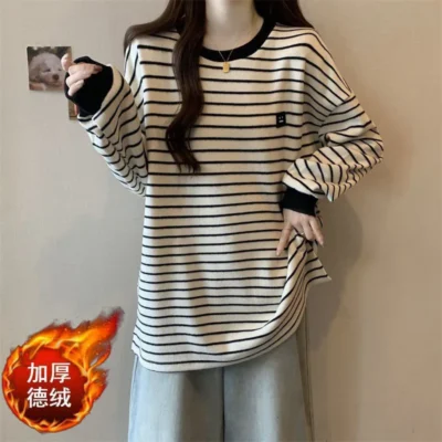 大碼女裝春秋新款寬鬆顯瘦百搭加厚條紋中長款長袖上衣 - Image 6