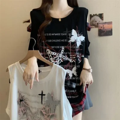 大碼女裝春夏新款百搭寬鬆塑形顯瘦蝴蝶印花蕾絲短袖上衣 - Image 3