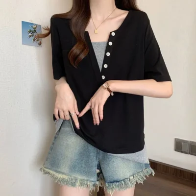 大碼女裝夏季新款寬鬆休閒百搭減齡假兩件中長款短袖上衣 - Image 4