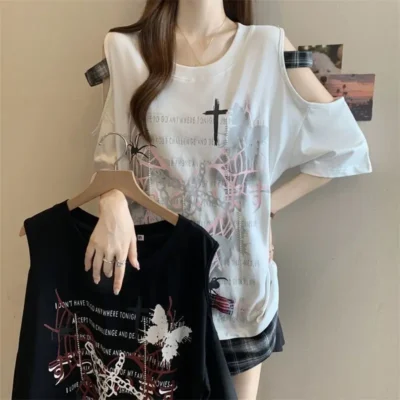 大碼女裝春夏新款百搭寬鬆塑形顯瘦蝴蝶印花蕾絲短袖上衣 - Image 5