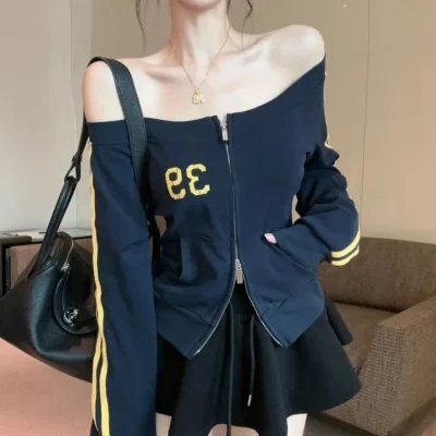 女裝春秋新款美式顯瘦性感拉鏈開襟露肩長袖上衣 - Image 5