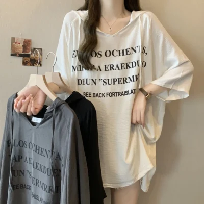 春夏大碼女裝爆款寬鬆塑形顯瘦連帽字母印花短袖上衣 - Image 4