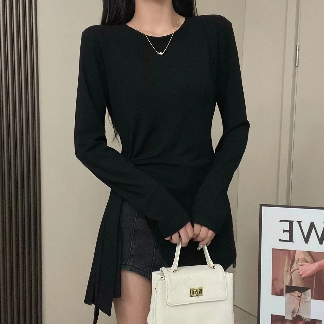 大碼女裝春秋新款純色休閒合身綁帶設計感開叉長袖打底衫 - Image 2